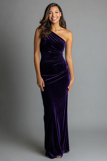 Plum One Shoulder Mermaid Velvet Long Formal Dress